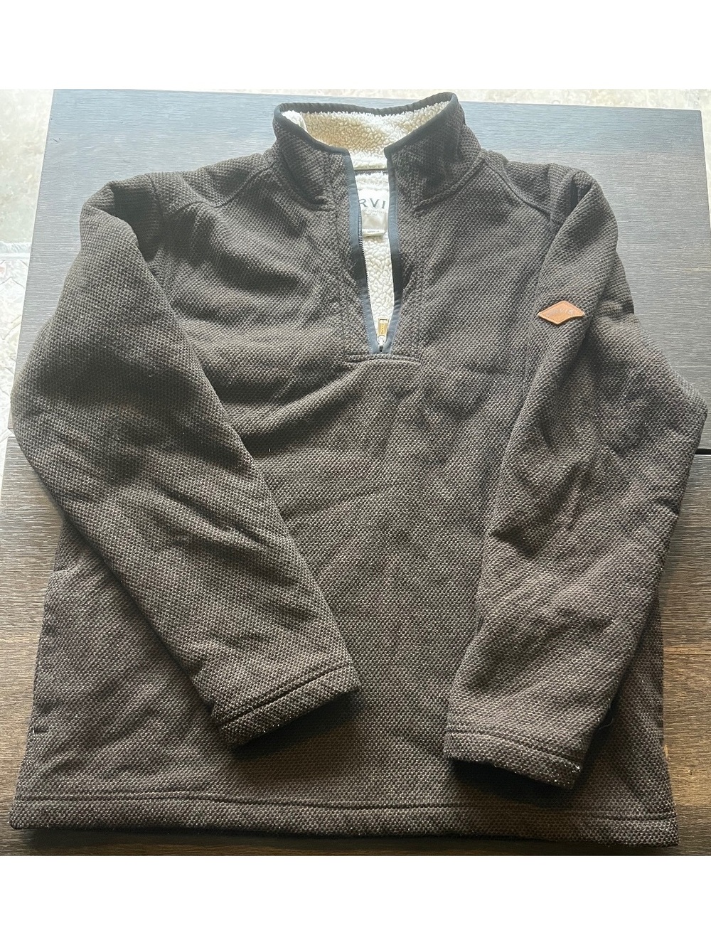 Orvis Men's Brown Waffle Knit Sherpa Lined Quarter-Zip Fleece Pullover